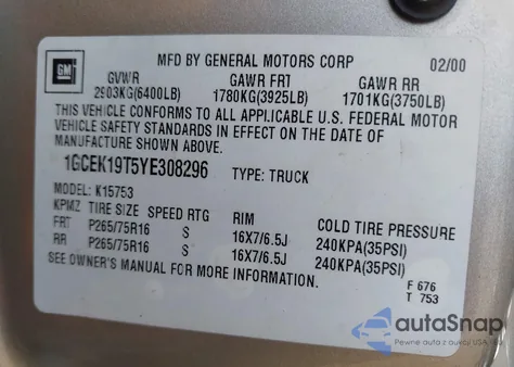 2000 Chevrolet Silverado 1500 Lt из США, поврежденный, VIN 1GCEK19T5YE308296